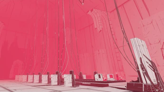A mysterious pink hall filled with hardware in a Dire screenshot.