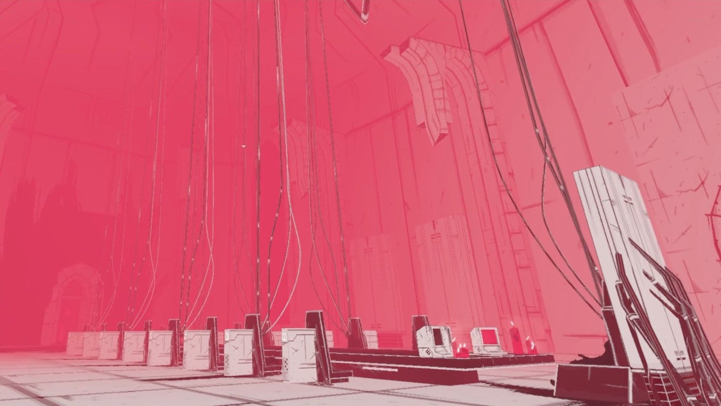 A mysterious pink hall filled with hardware in a Dire screenshot. - 1