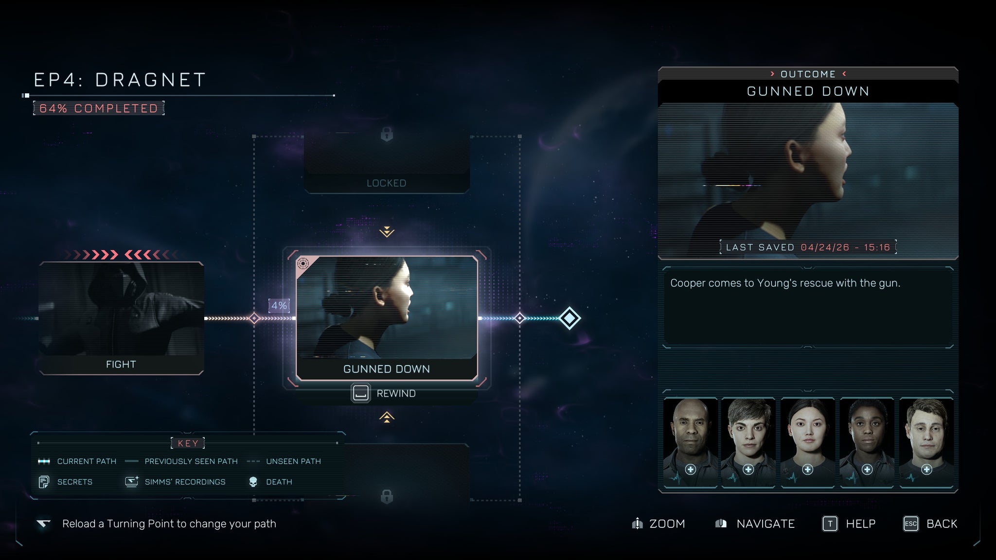 A timeline screen with small illustration snapshots in showing events that happened in the game - events you can rewind to. In the bottom corner, the spaceship crew's status can be seen via their portraits.