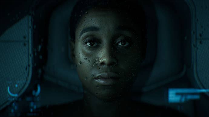 Actress Lashana Lynch in a dimly-lit, spaceship setting in the sci-fi horror game Directive 8020.