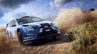 A car skids across a sandy desert in Dirt Rally 2