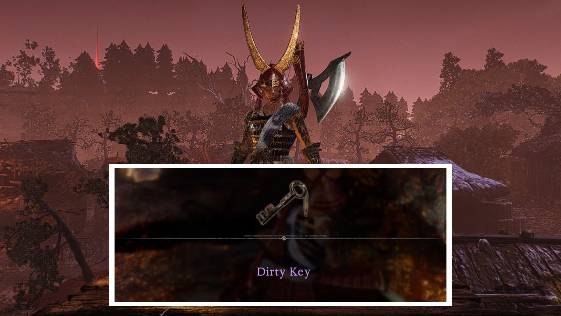 A character in Nioh 3 stands in the earliest village of the game along with the Dirty Key, an item that can be acquired in the village. - 1