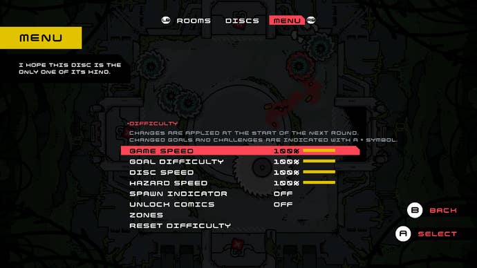 The generous difficulty settings menu in a Disc Room screenshot.
