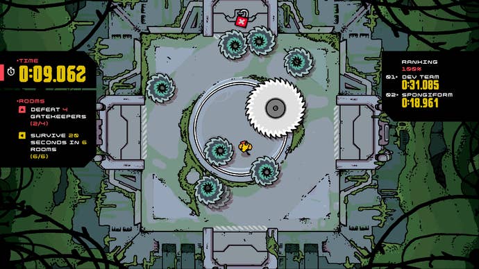 Dodging deadly spinning sawblades in a Disc Room screenshot.