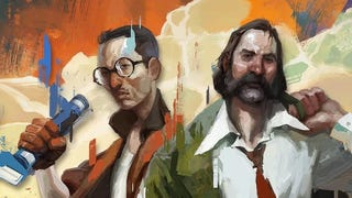 Illustrated artwork for Disco Elysium showing its two protagonists against a backdrop of stylised clouds.