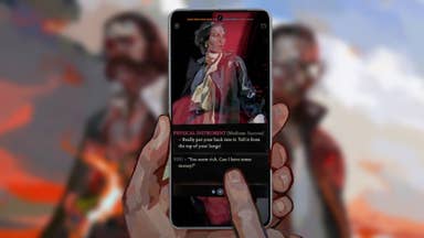 Artwork showing Disco Elysium being played by swiping with a finger on a mobile phone.