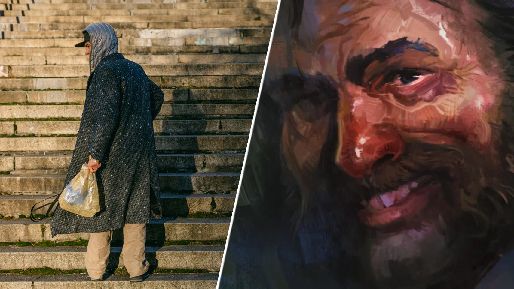 A model carrying Disco Elysium plastic bag merch, and Harry Du Bois' face. - 1