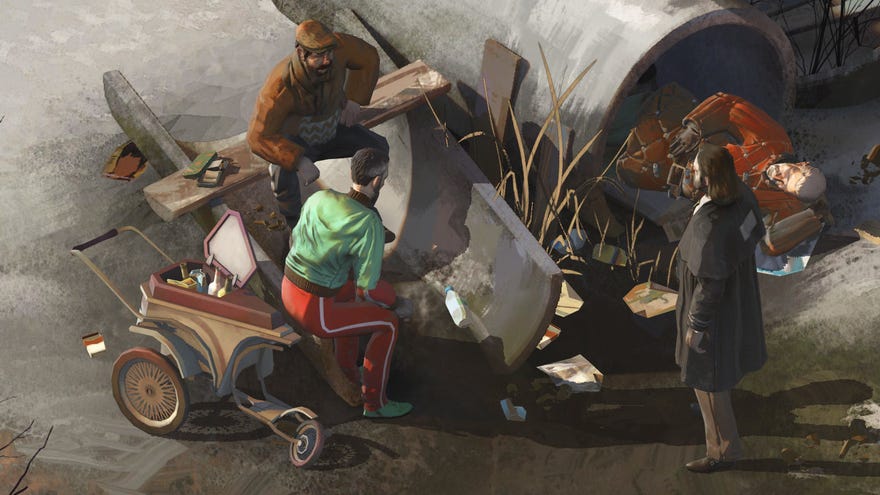 Three men around old concrete pipes in a Disco Elysium screenshot.