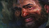 A portrait of Harrier du Bois, the main character and tragic hero of Disco Elysium. His smile seems like an expression of pain.