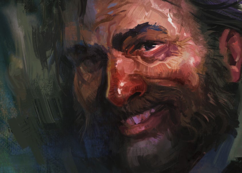 A portrait of Harrier du Bois, the main character and tragic hero of Disco Elysium. His smile seems like an expression of pain. - 3