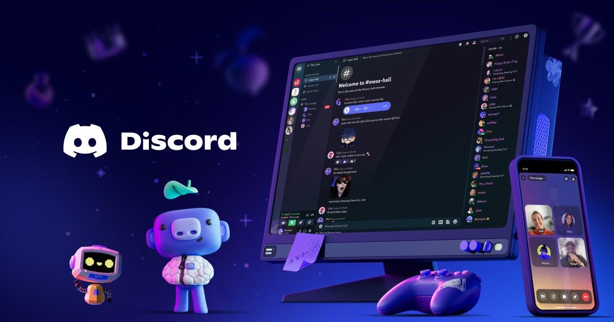 Some Discord promotional art showing a little robot mascot, a little goblin mascot, a computer with Discord loaded up, and a smartphone with a video call in progress. - 1