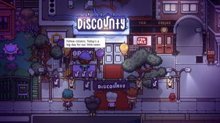 A supermarket called Discounty in the dark while a person gives a speech in front to a small crowd.