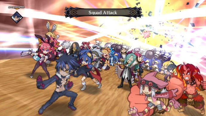 Dozens of colourful characters join together for a huge attack in Disgaea 5.