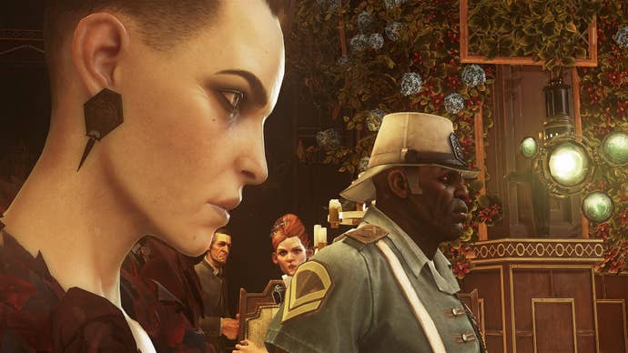 A side-on screenshot of Dishonored 2’s villains