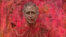 An artistic rendering of King Charles, surrounded by red brush strokes that make him look like a video game villain.