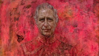 An artistic rendering of King Charles, surrounded by red brush strokes that make him look like a video game villain.