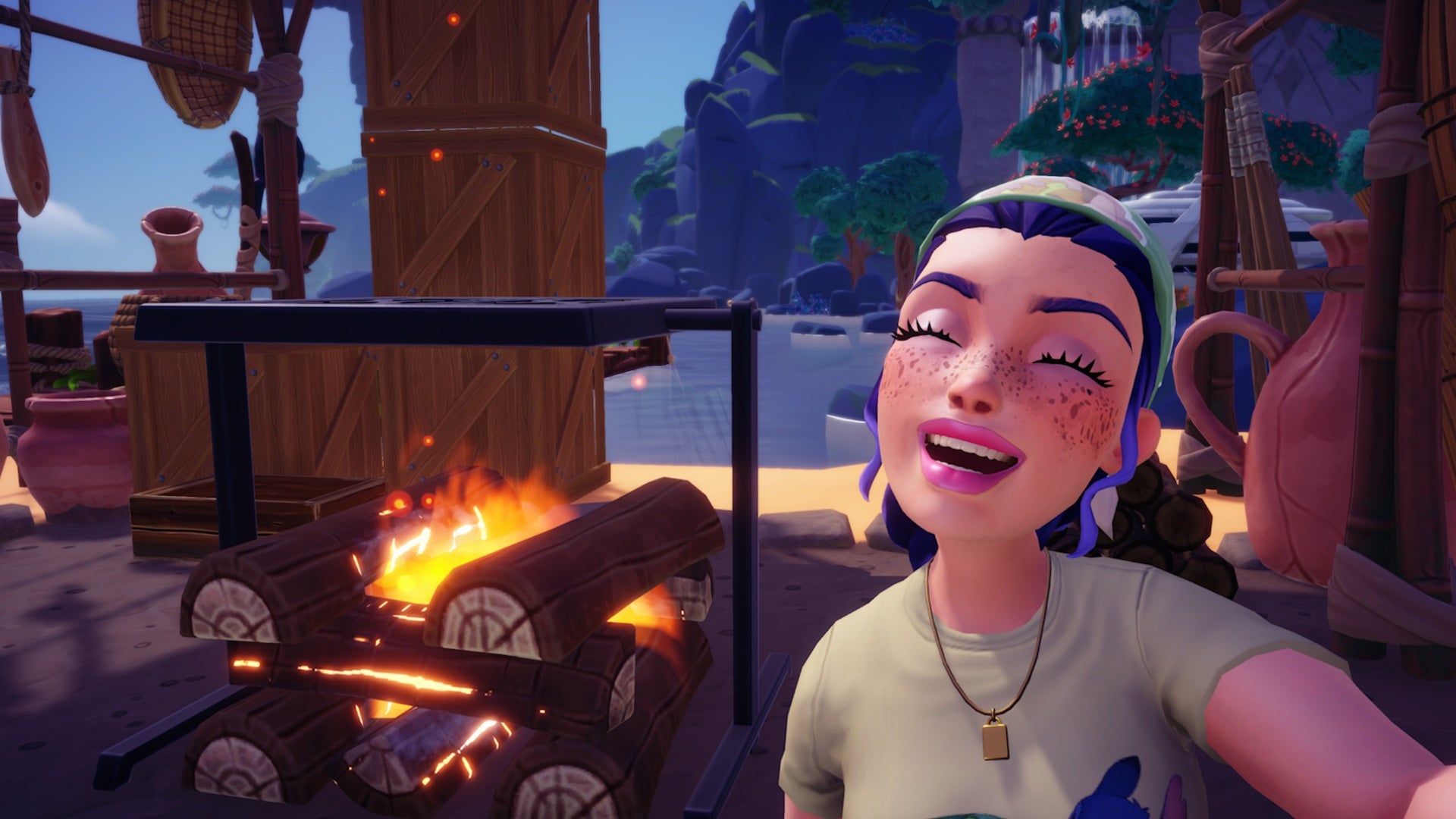 disney dreamlight valley a rift in time player standing next to bbq pit in the docks