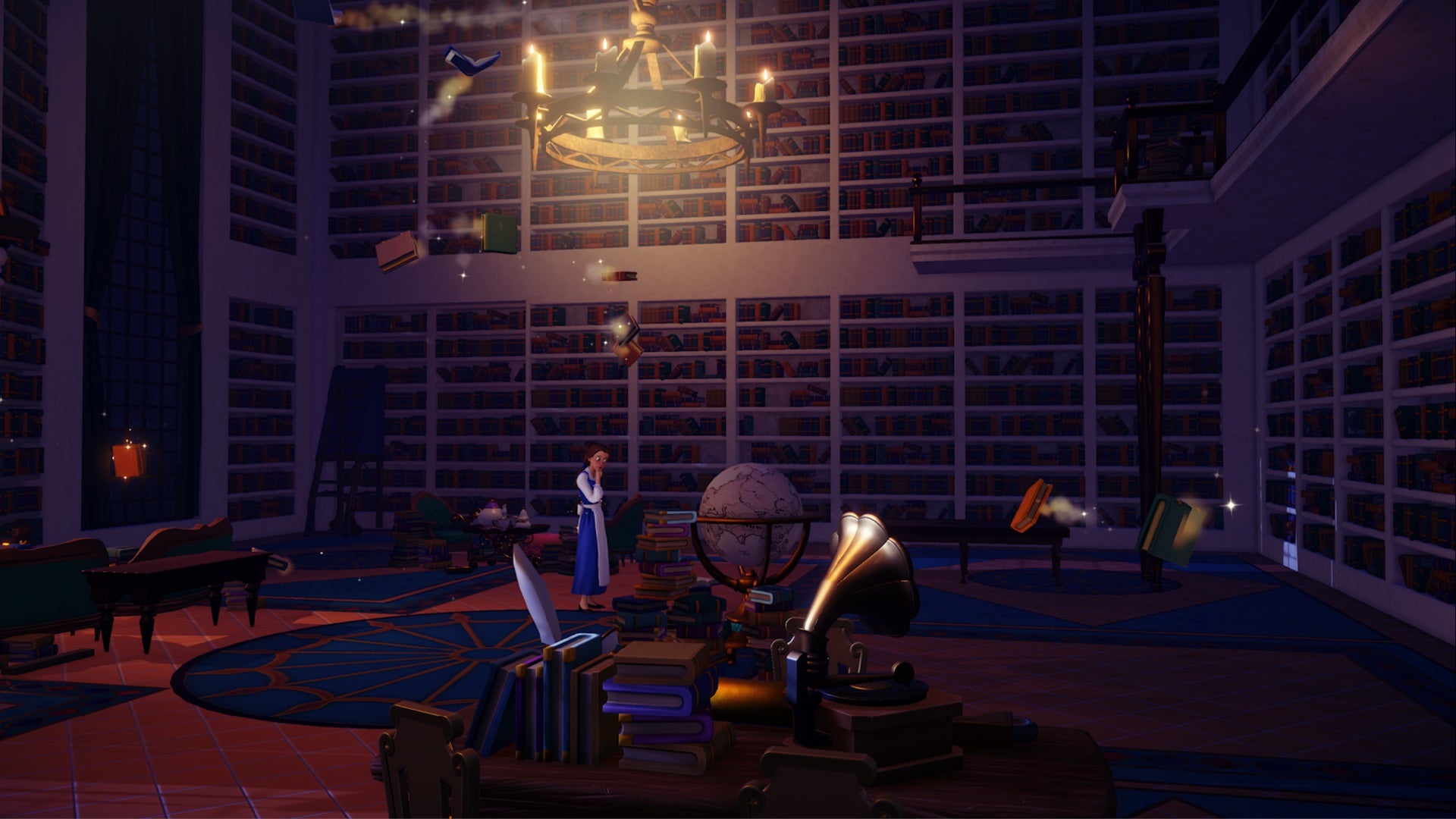 disney dreamlight valley belle in library with flying books