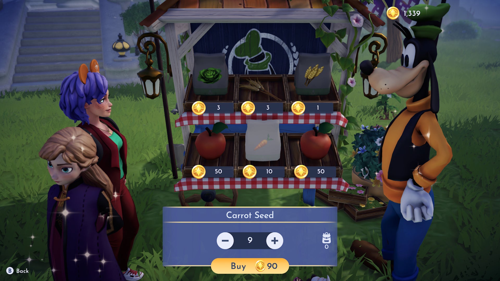 disney dreamlight valley buying carrot seeds goofy stall