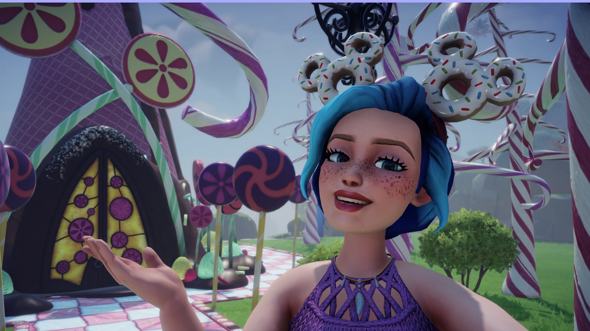 disney dreamlight valley a player is showing off the candy cane trees outside vanellope&rsquo;s house