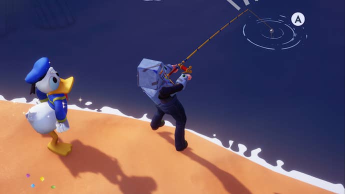 disney dreamlight valley character in robot outfit fishing with donald