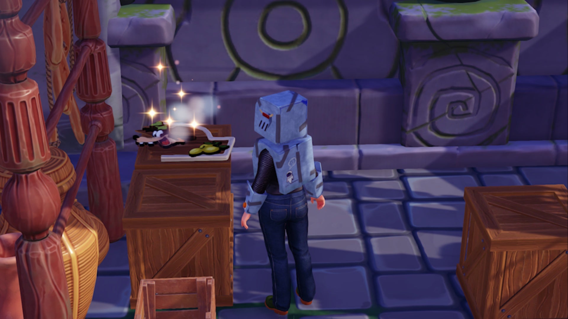 disney dreamlight valley character in robot suit facing broken half of goofy shop sign