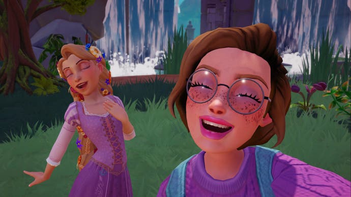 disney dreamlight valley character selfie with singing rapunzel in wild tangle