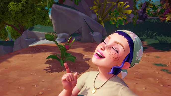 disney dreamlight valley character smiling with green fly trap plant
