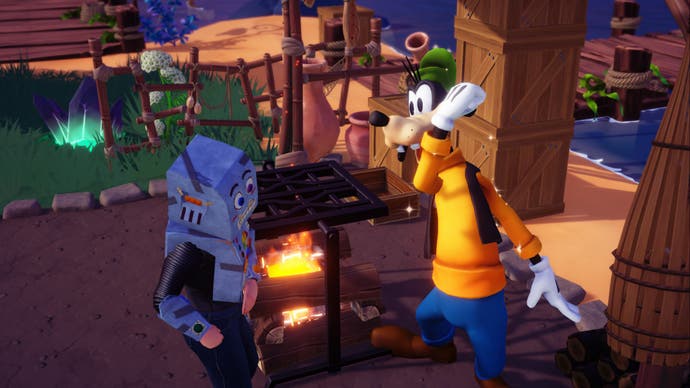 disney dreamlight valley character talking to goofy in ancients landing