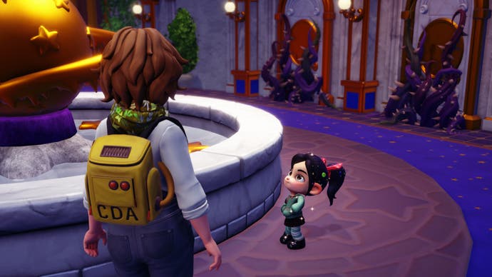 disney dreamlight valley character talking to non-glitching vanellope by fountain in dream castle