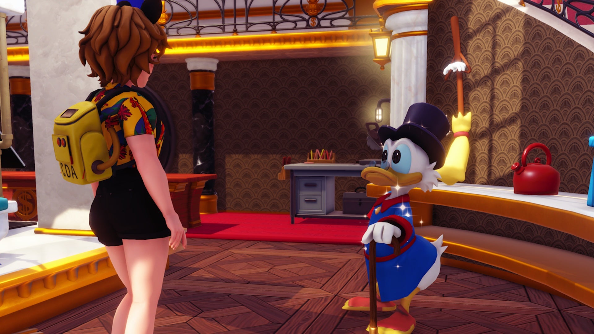 disney dreamlight valley character talking to scrooge mcduck about haunted castle