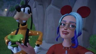 disney dreamlight valley character with blue hair posing with goofy