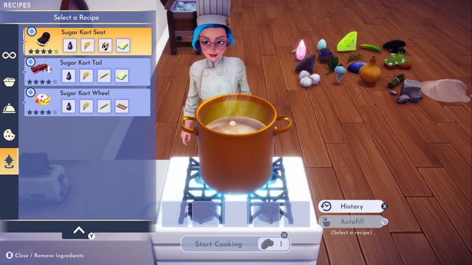 disney dreamlight valley, a player in chef's clothing is standing at a cooking station looking at vanellope kart parts recipes