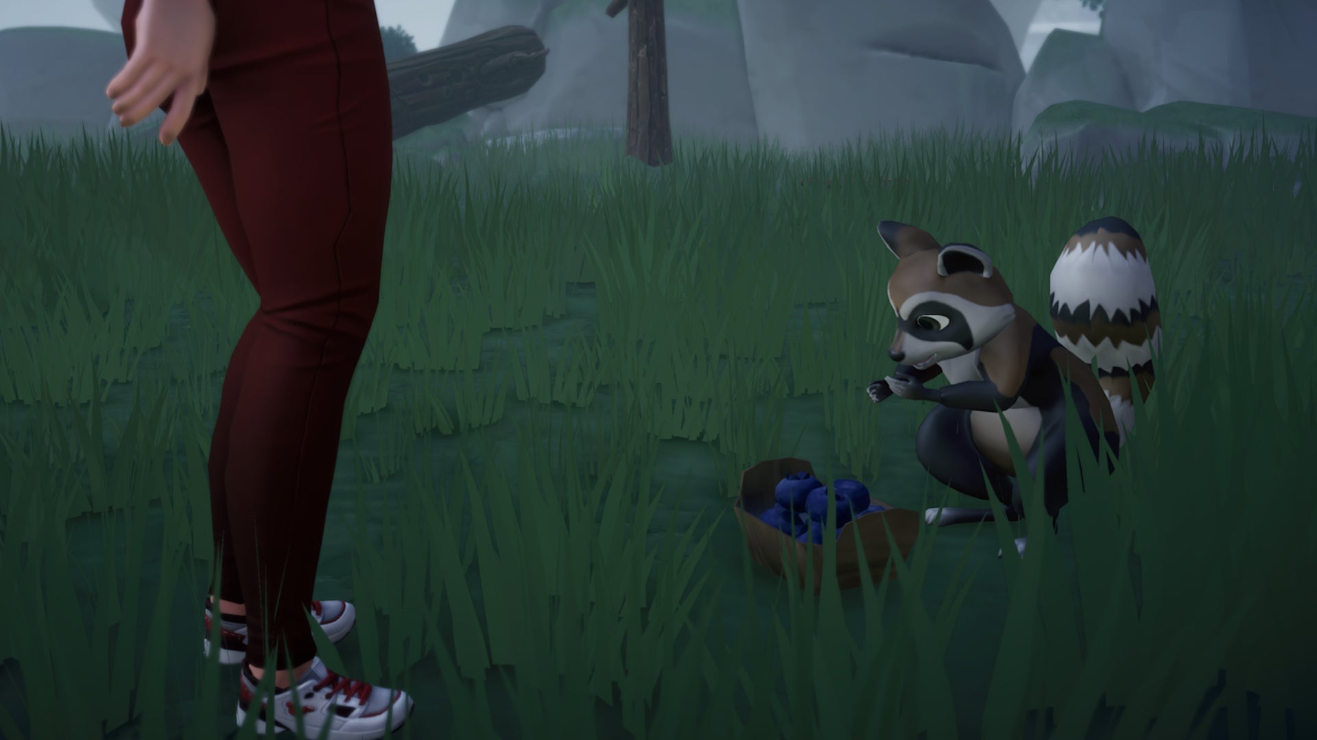 disney dreamlight valley feeding a raccoon blueberries