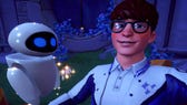 Disney Dreamlight Valley Flying Metal Nuisance: An animated man wearing square glasses and a collared shirt is standing near an oval white robot