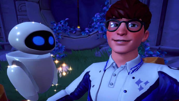 Disney Dreamlight Valley Flying Metal Nuisance: An animated man wearing square glasses and a collared shirt is standing near an oval white robot