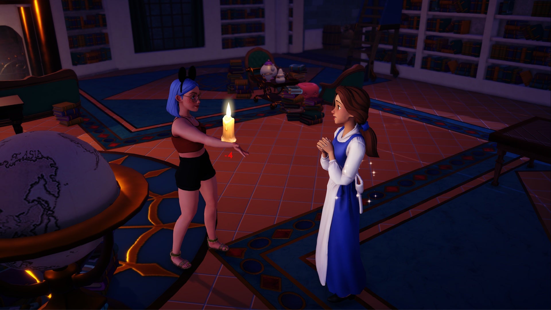 disney dreamlight valley giving belle a castle candle in the library