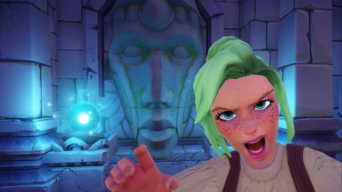 disney dreamlight valley green hair player growling in selfie with stone wall face
