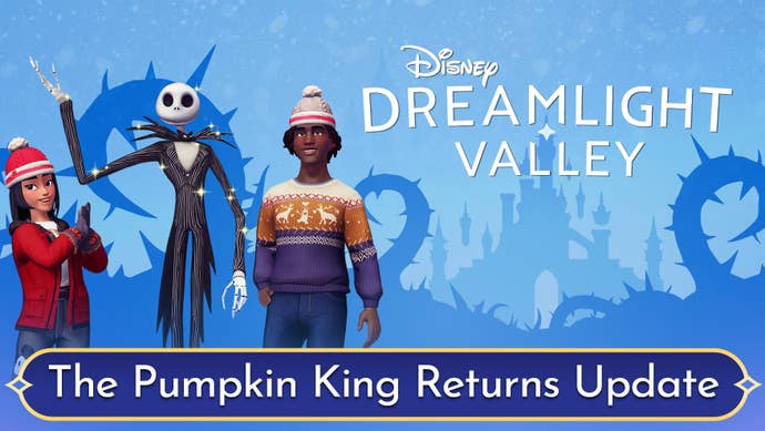Jack Skellington waves next to two characters from Disney Dreamlight Valley