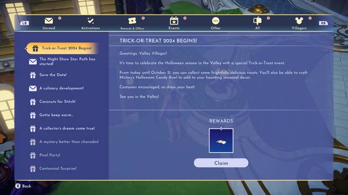 disney dreamlight valley mickeys halloween candy bowl recipe claim letter in mailbox