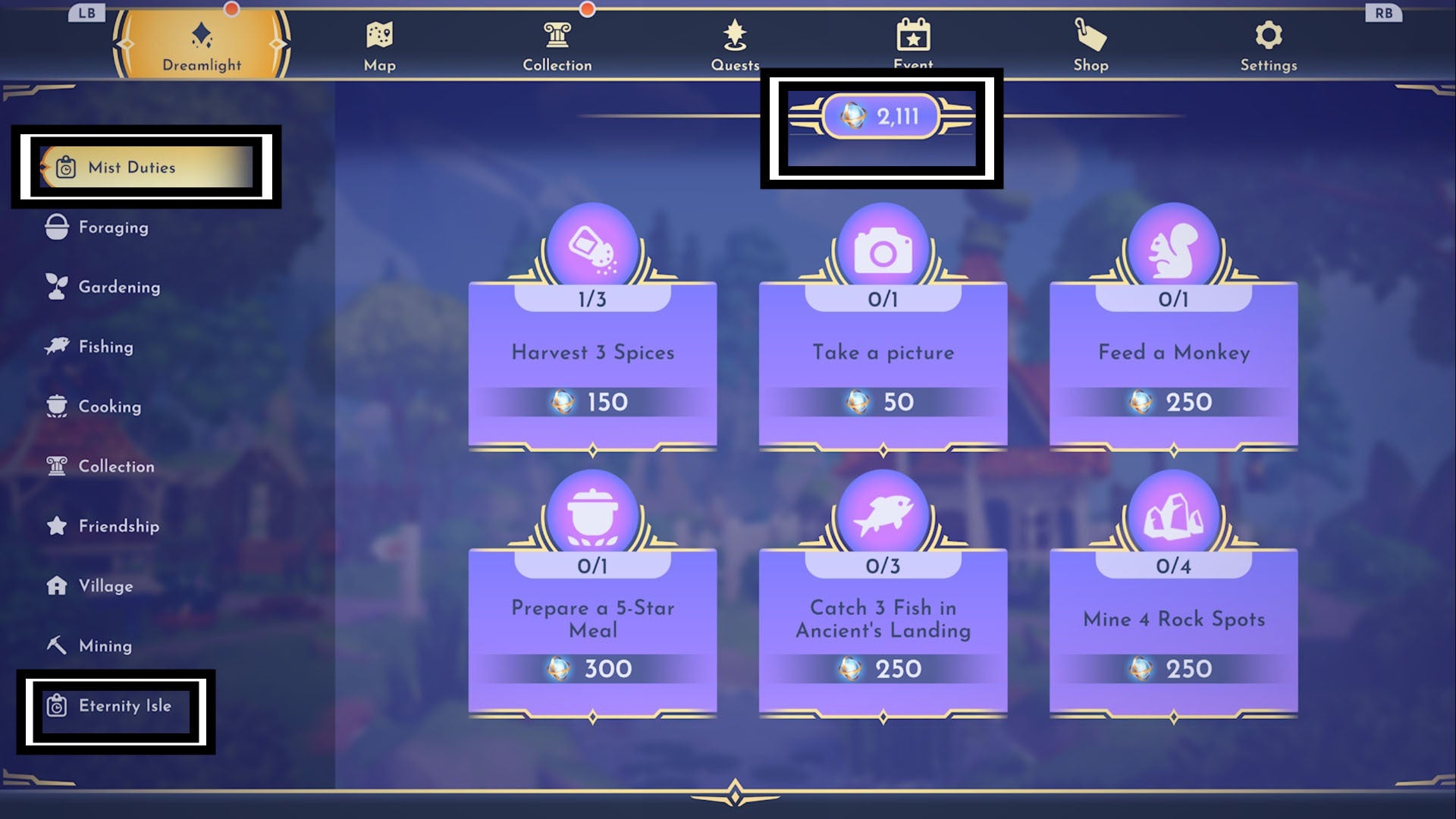 disney dreamlight valley mist duties eternal isle and mist count menu
