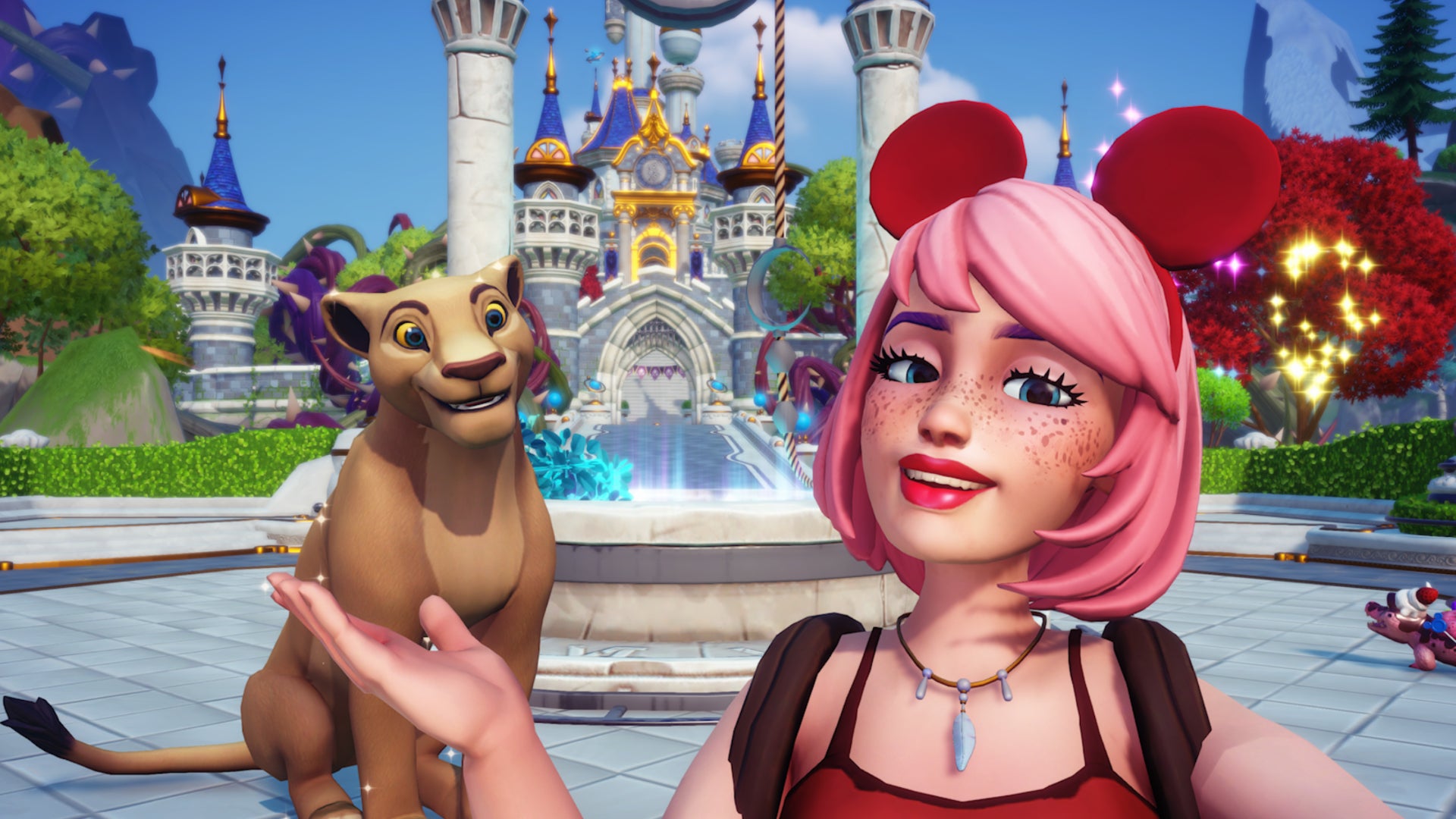 Disney Dreamlight Valley, Nala is by the dreamlight well near the Castle in the Plaza with the main character.