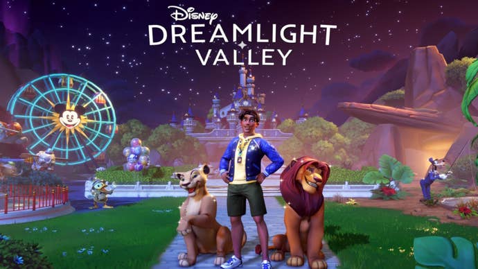 Dreamlight Valley orange potato: An animated man wearing a yellow shirt, blue jacket, and grey shorts, is standing next to two animated lions. Behind them is a large rock illuminated by firelight and a ferris wheel with Mickey Mouse’s face on it
