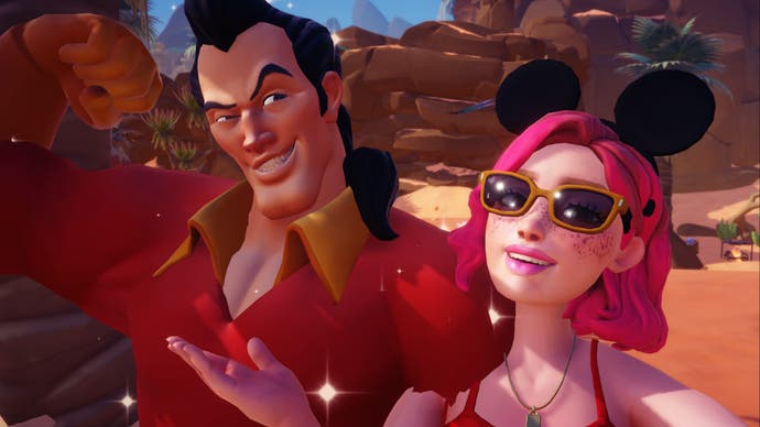 disney dreamlight valley pink hair character taking selfie with flexing gaston
