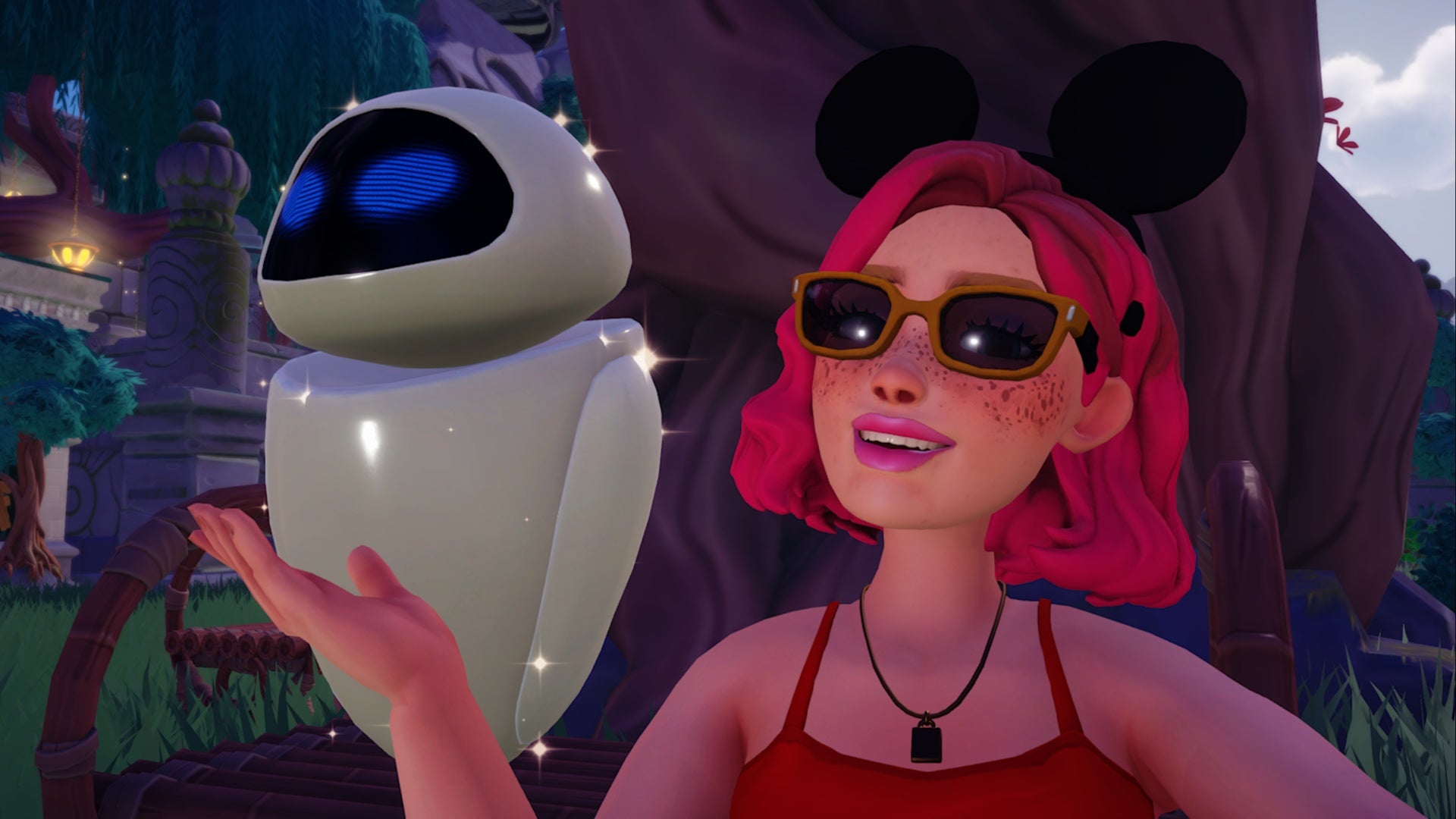 disney dreamlight valley pink hair character with mickey ears taking selfie with eve on bench