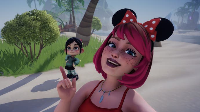 disney dreamlight valley pink hair player and vanellope on dazzle beach
