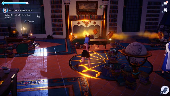 disney dreamlight valley player chasing flying books in beauty and the beast library