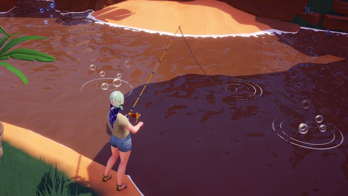 disney dreamlight valley player fishing in the oasis in still water
