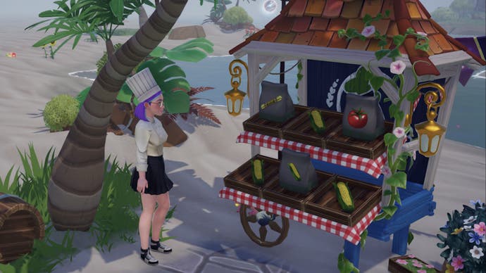 disney dreamlight valley player in chef hat facing sugarcane on goofy dazzle beach stall