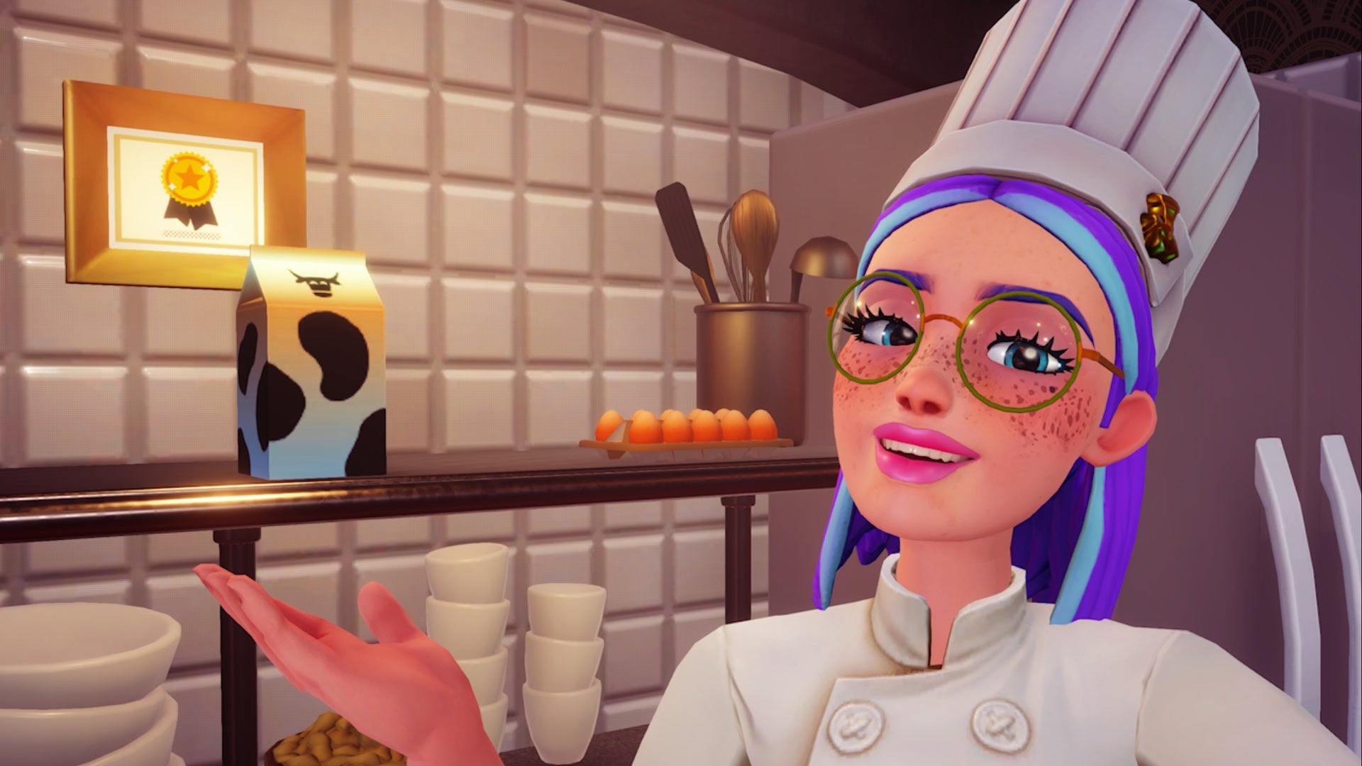 disney dreamlight valley player in chef hat selfie with milk
